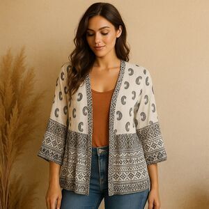 Indio Collective Womens Large Black White Paisley Boho Open Front Shirt Top